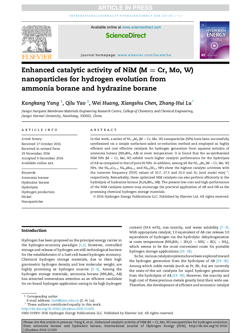 Enhanced catalytic activity of NiM (MÂ =Â Cr, Mo, W) nanoparticles for hydrogen evolution from ammonia borane and hydrazine borane