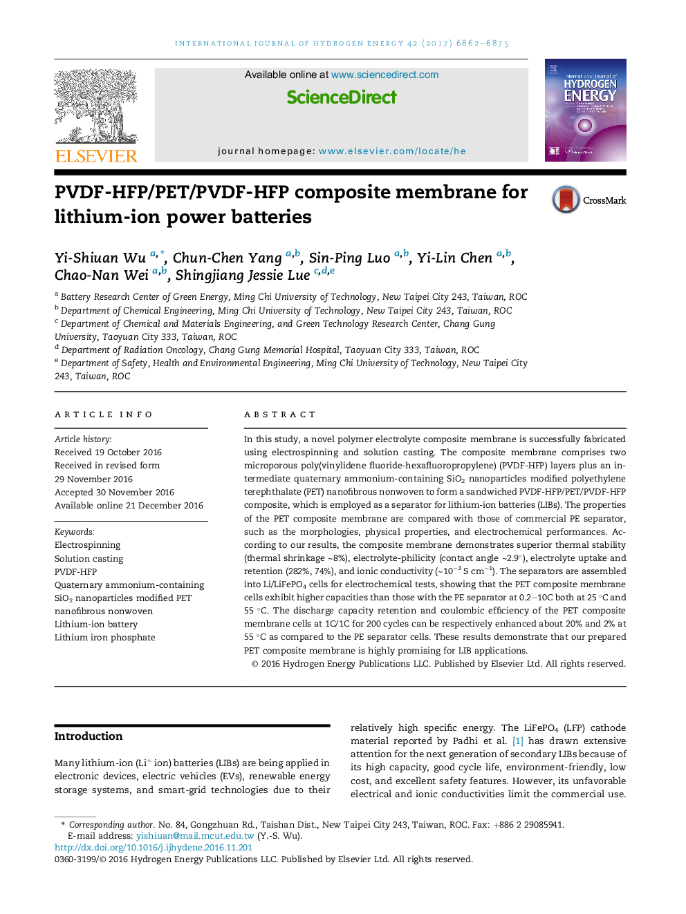 PVDF-HFP/PET/PVDF-HFP composite membrane for lithium-ion power batteries