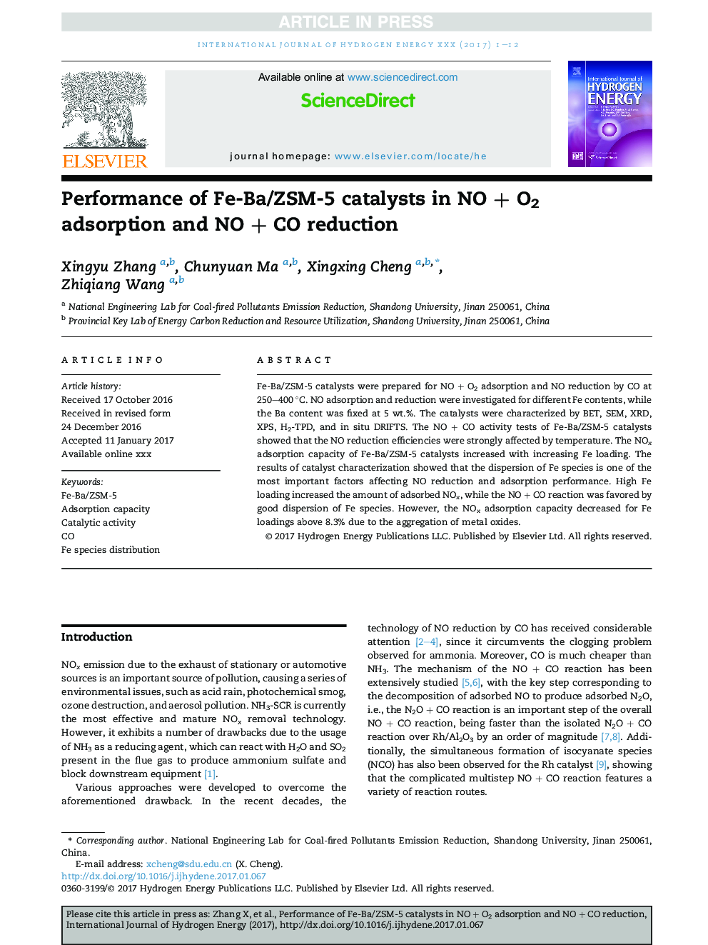 Performance of Fe-Ba/ZSM-5 catalysts in NOÂ +Â O2 adsorption and NOÂ +Â CO reduction