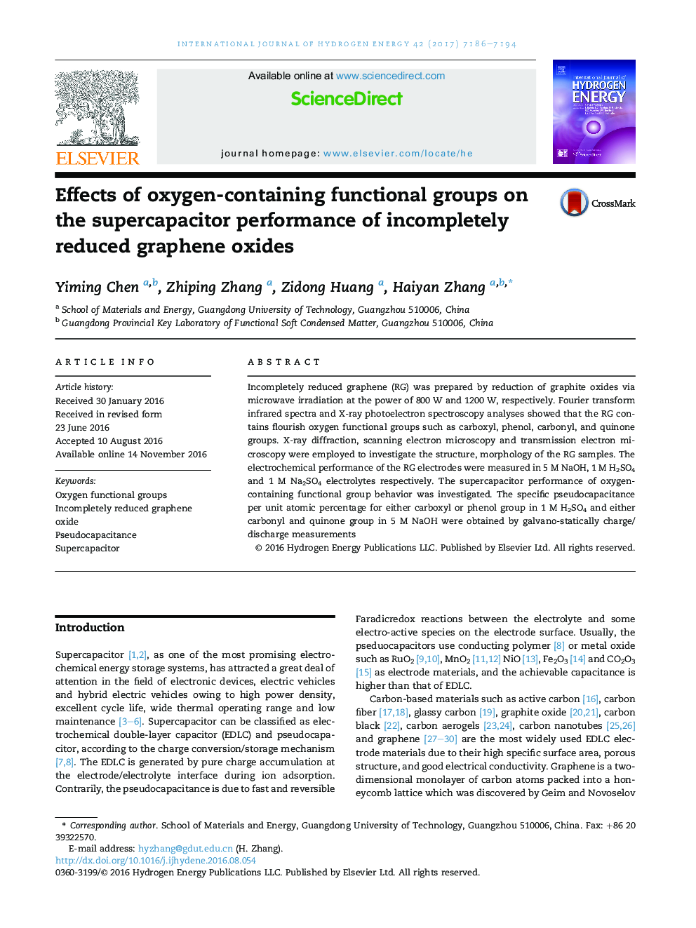 Effects of oxygen-containing functional groups on the supercapacitor performance of incompletely reduced graphene oxides