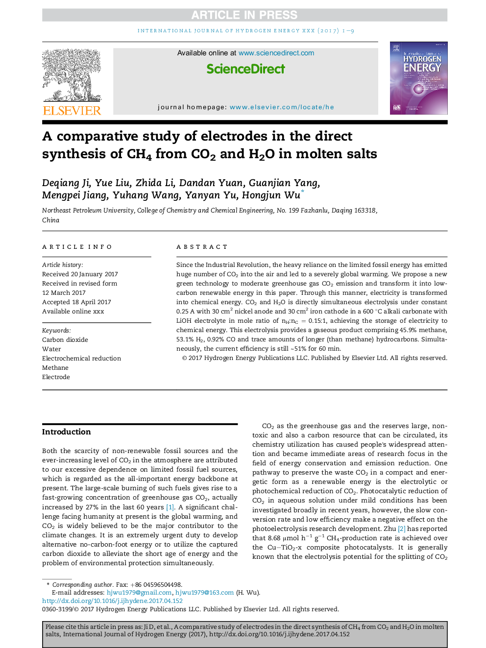 A comparative study of electrodes in the direct synthesis of CH4 from CO2 and H2O in molten salts