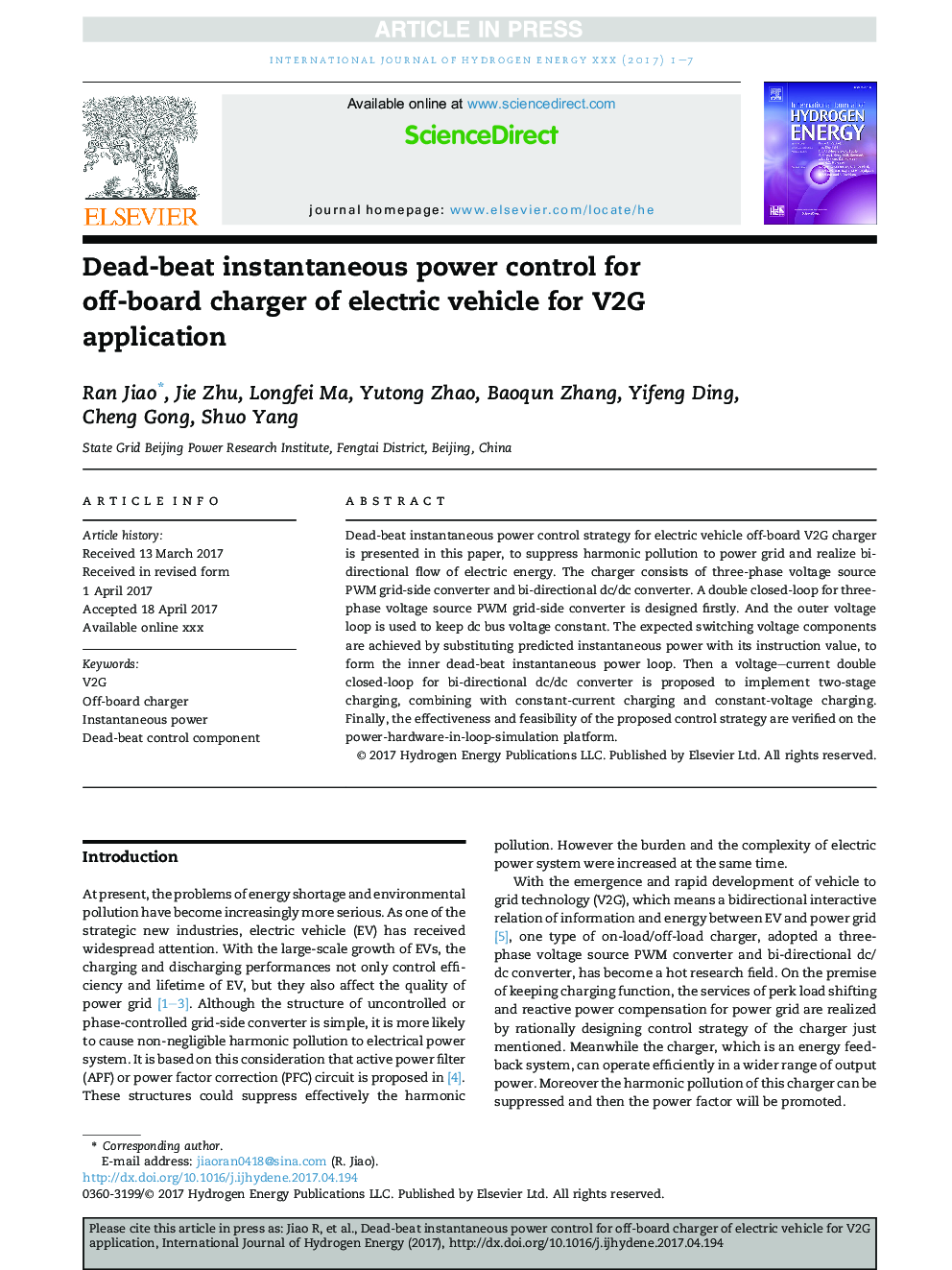 Dead-beat instantaneous power control for off-board charger of electric vehicle for V2G application