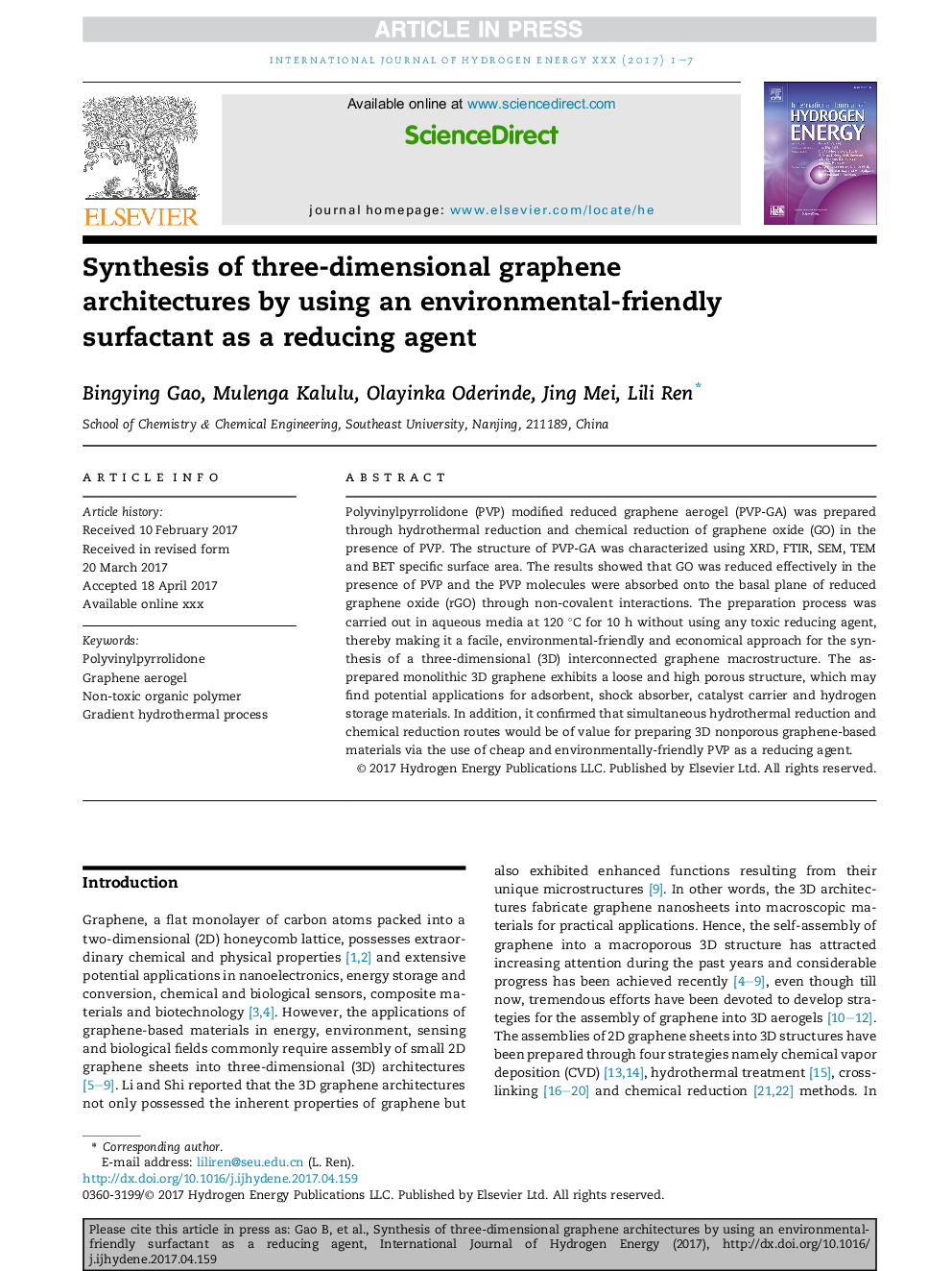 Synthesis of three-dimensional graphene architectures by using an environmental-friendly surfactant as a reducing agent