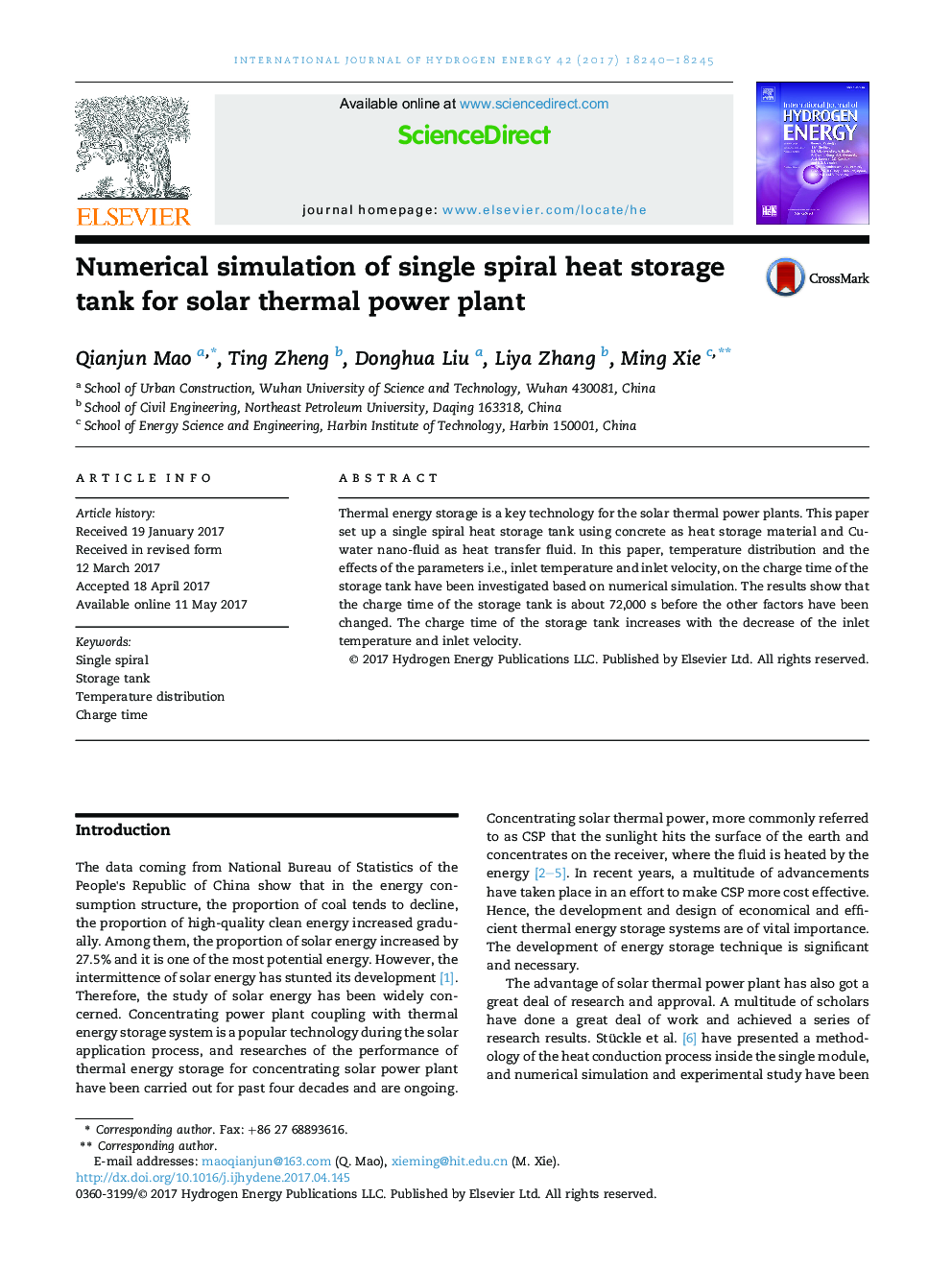 Numerical simulation of single spiral heat storage tank for solar thermal power plant