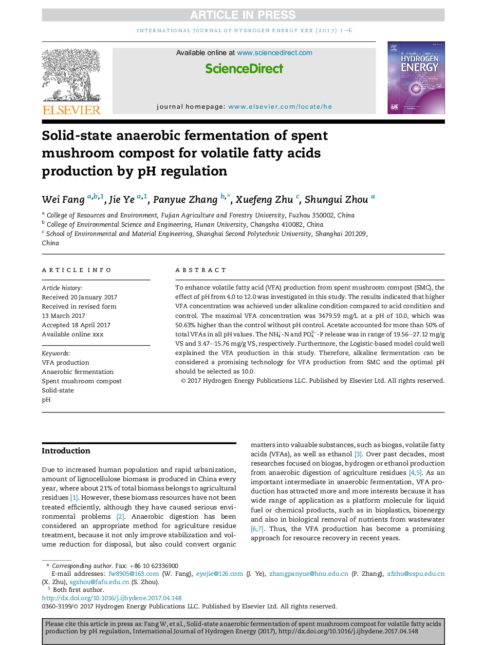 Solid-state anaerobic fermentation of spent mushroom compost for volatile fatty acids production by pH regulation