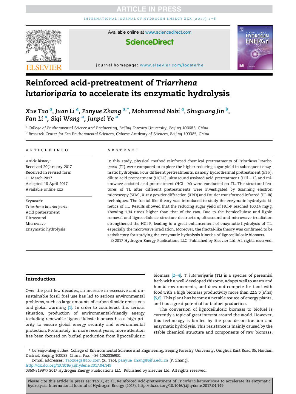 Reinforced acid-pretreatment of Triarrhena lutarioriparia to accelerate its enzymatic hydrolysis