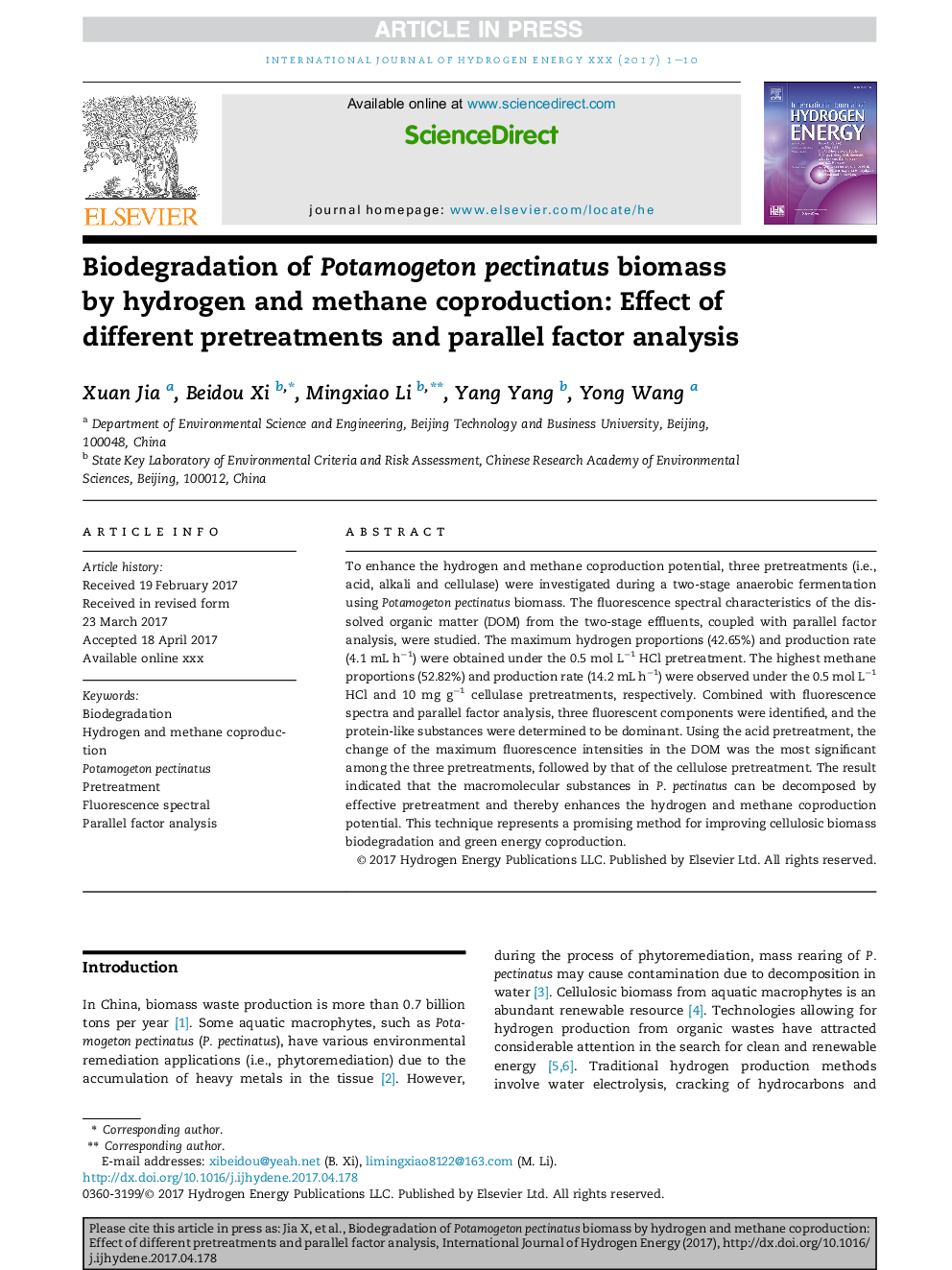 Biodegradation of Potamogeton pectinatus biomass by hydrogen and methane coproduction: Effect of different pretreatments and parallel factor analysis