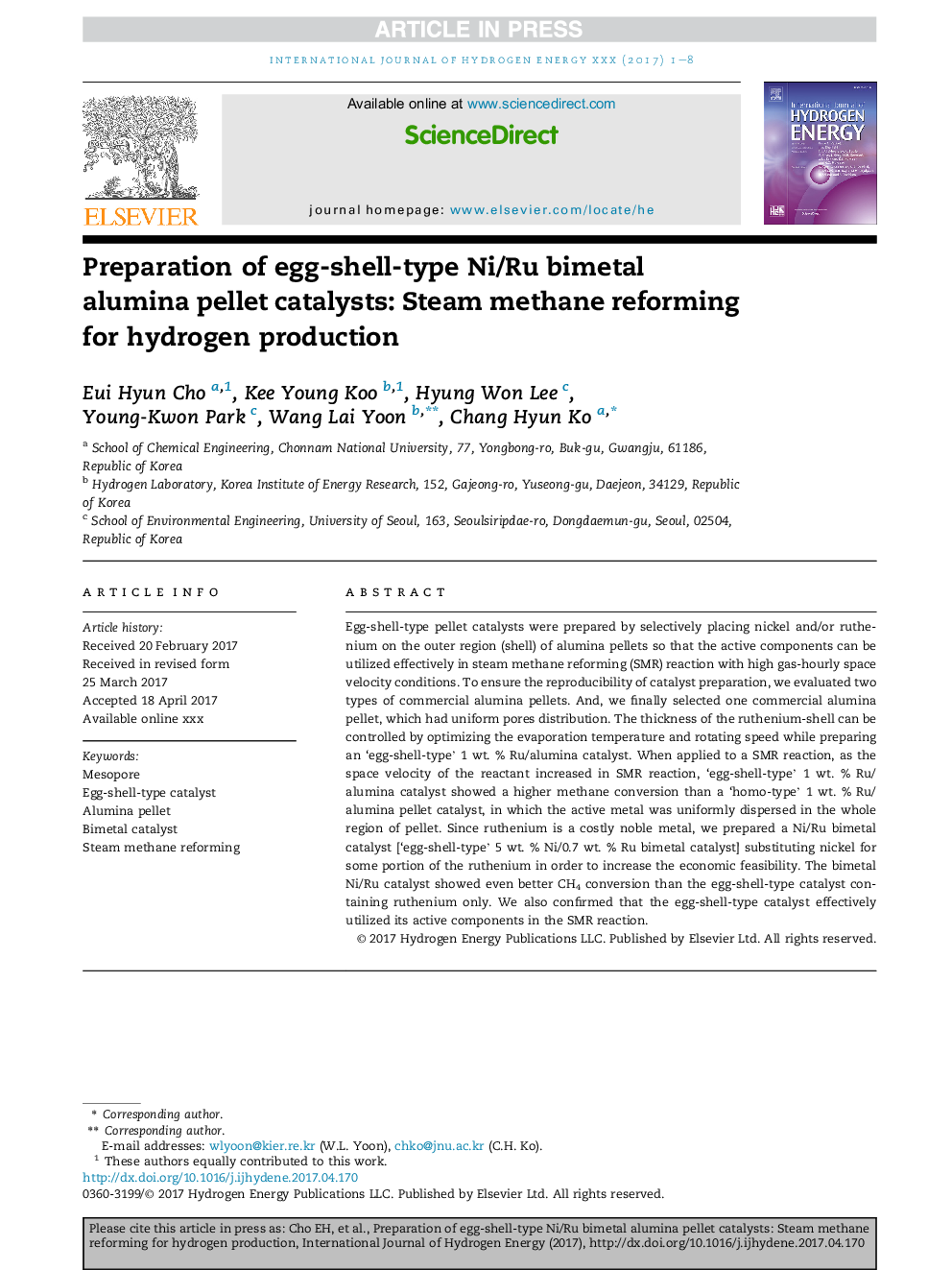 Preparation of egg-shell-type Ni/Ru bimetal alumina pellet catalysts: Steam methane reforming for hydrogen production