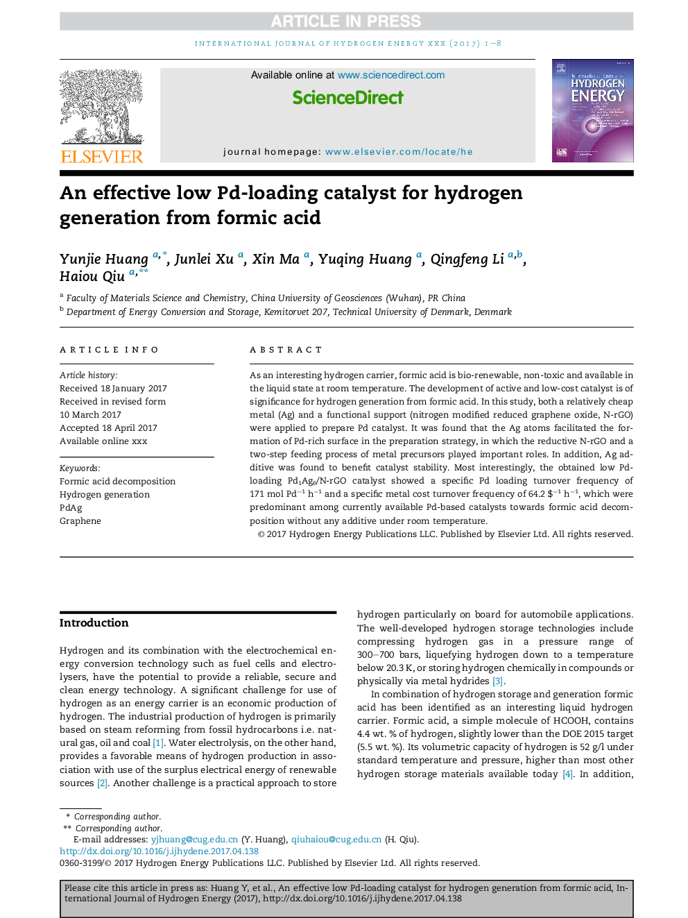 An effective low Pd-loading catalyst for hydrogen generation from formic acid