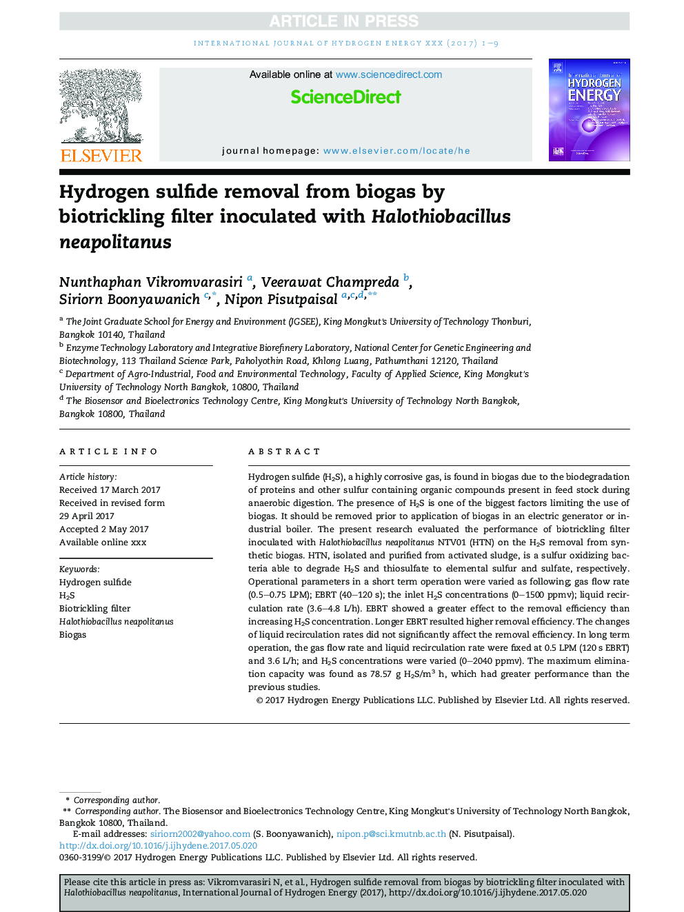 Hydrogen sulfide removal from biogas by biotrickling filter inoculated with Halothiobacillus neapolitanus