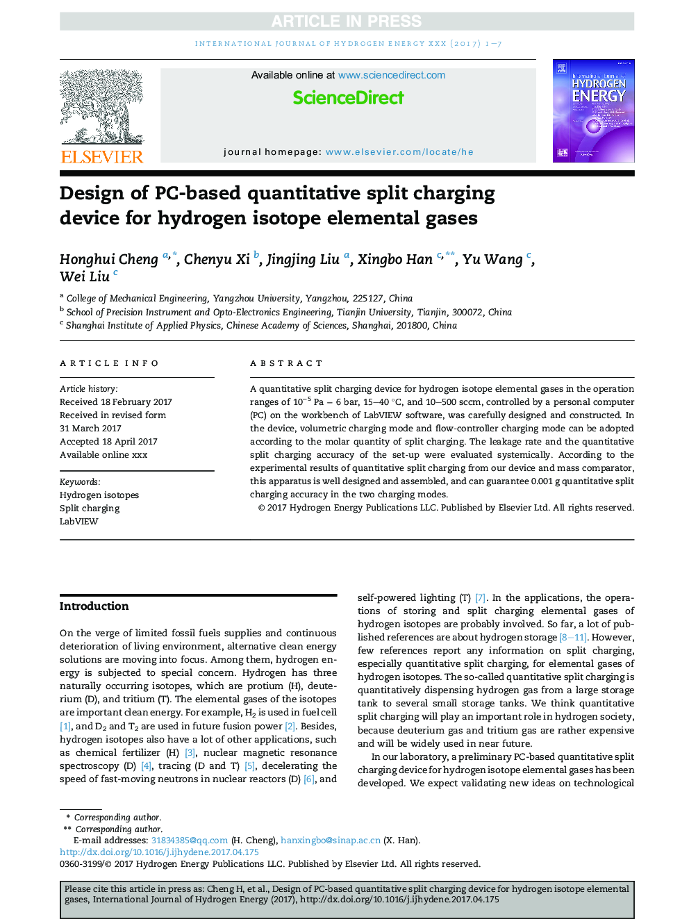 Design of PC-based quantitative split charging device for hydrogen isotope elemental gases