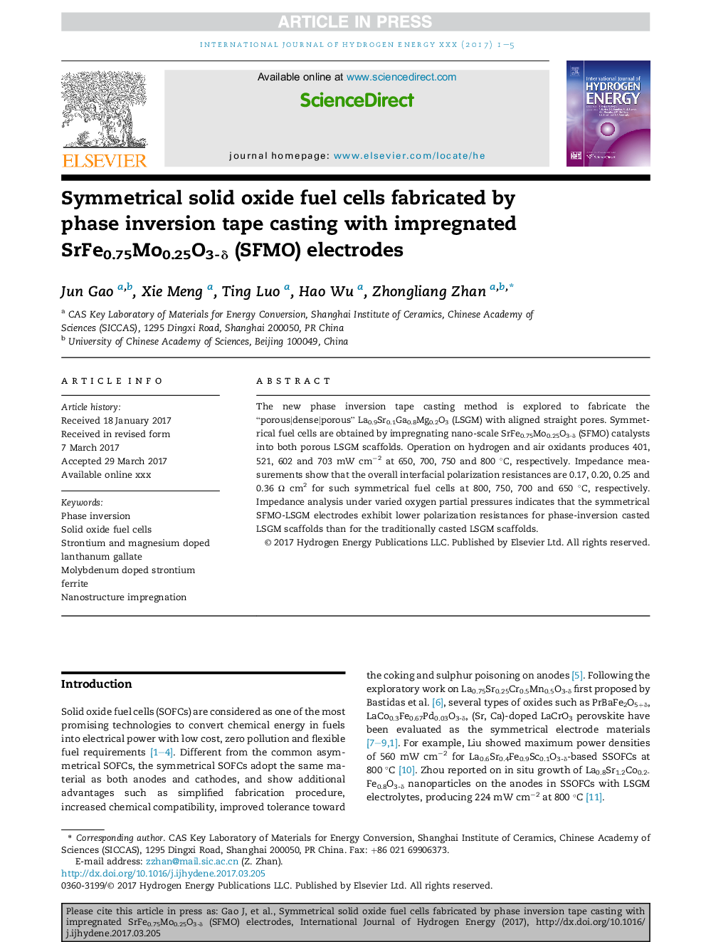 Symmetrical solid oxide fuel cells fabricated by phase inversion tape casting with impregnated SrFe0.75Mo0.25O3-Î´ (SFMO) electrodes