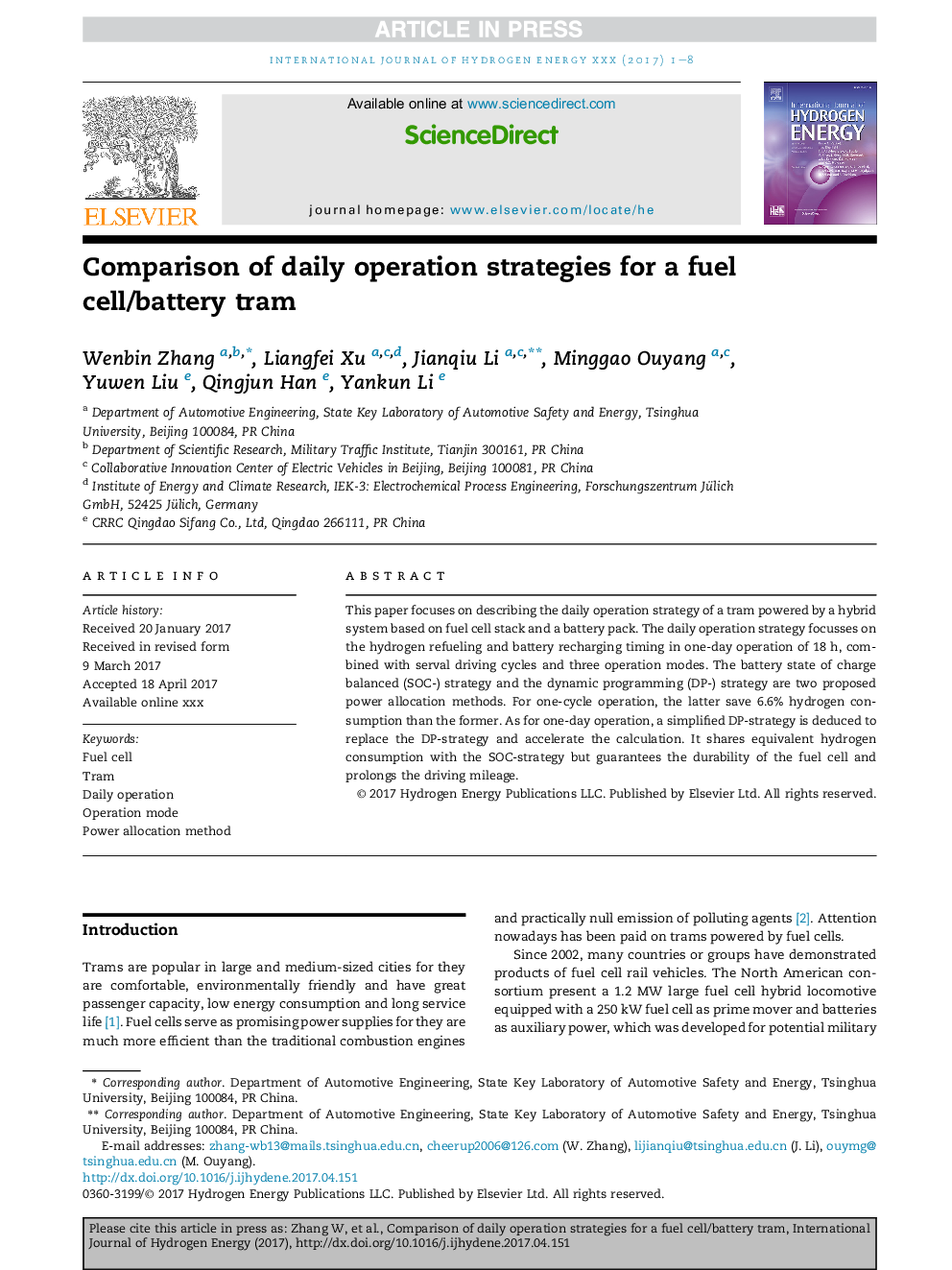 Comparison of daily operation strategies for a fuel cell/battery tram