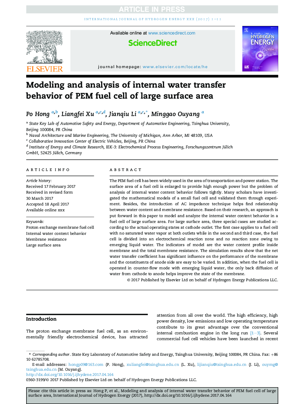 Modeling and analysis of internal water transfer behavior of PEM fuel cell of large surface area