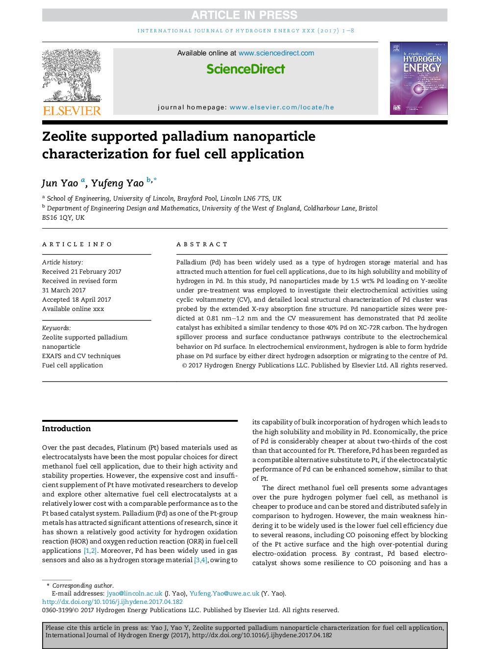 Zeolite supported palladium nanoparticle characterization for fuel cell application