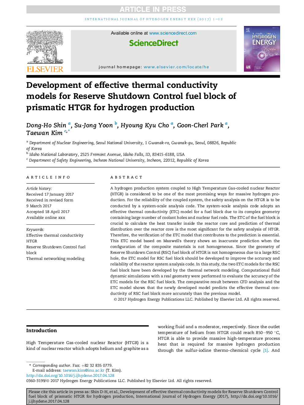 Development of effective thermal conductivity models for Reserve Shutdown Control fuel block of prismatic HTGR for hydrogen production