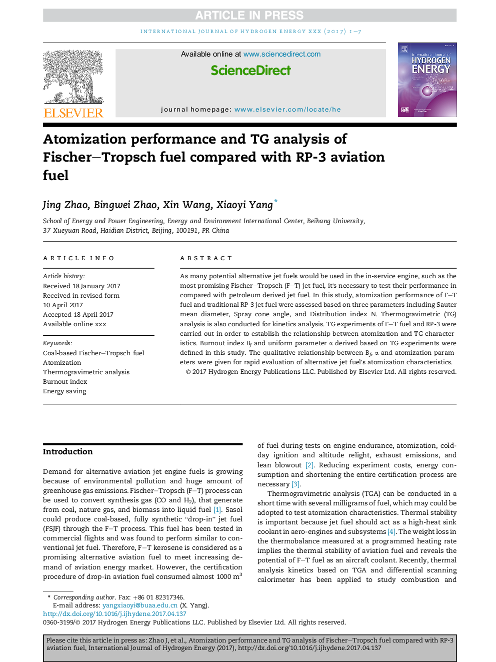 Atomization performance and TG analysis of Fischer-Tropsch fuel compared with RP-3 aviation fuel