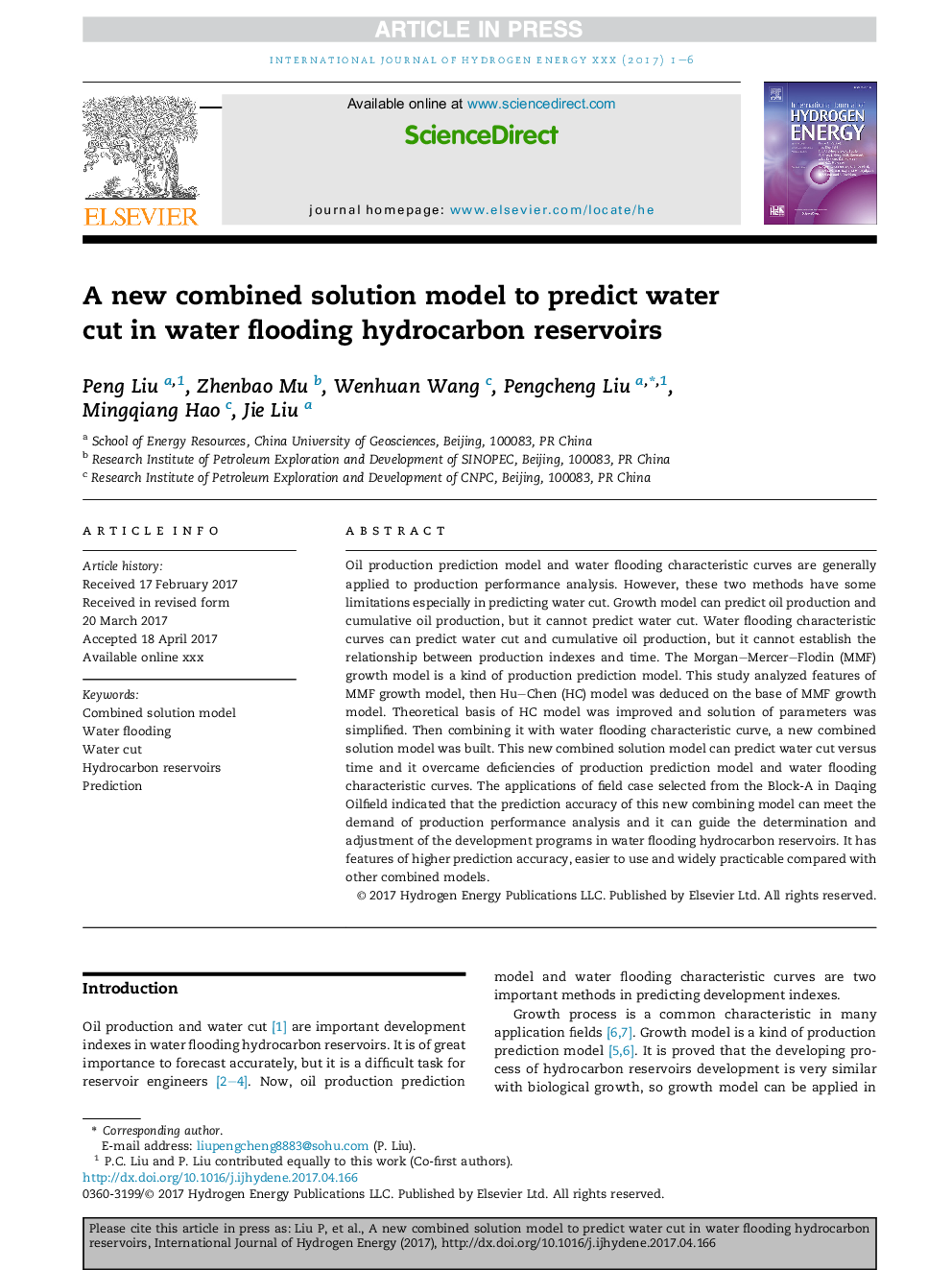 A new combined solution model to predict water cut in water flooding hydrocarbon reservoirs