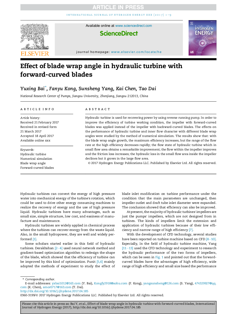 Effect of blade wrap angle in hydraulic turbine with forward-curved blades