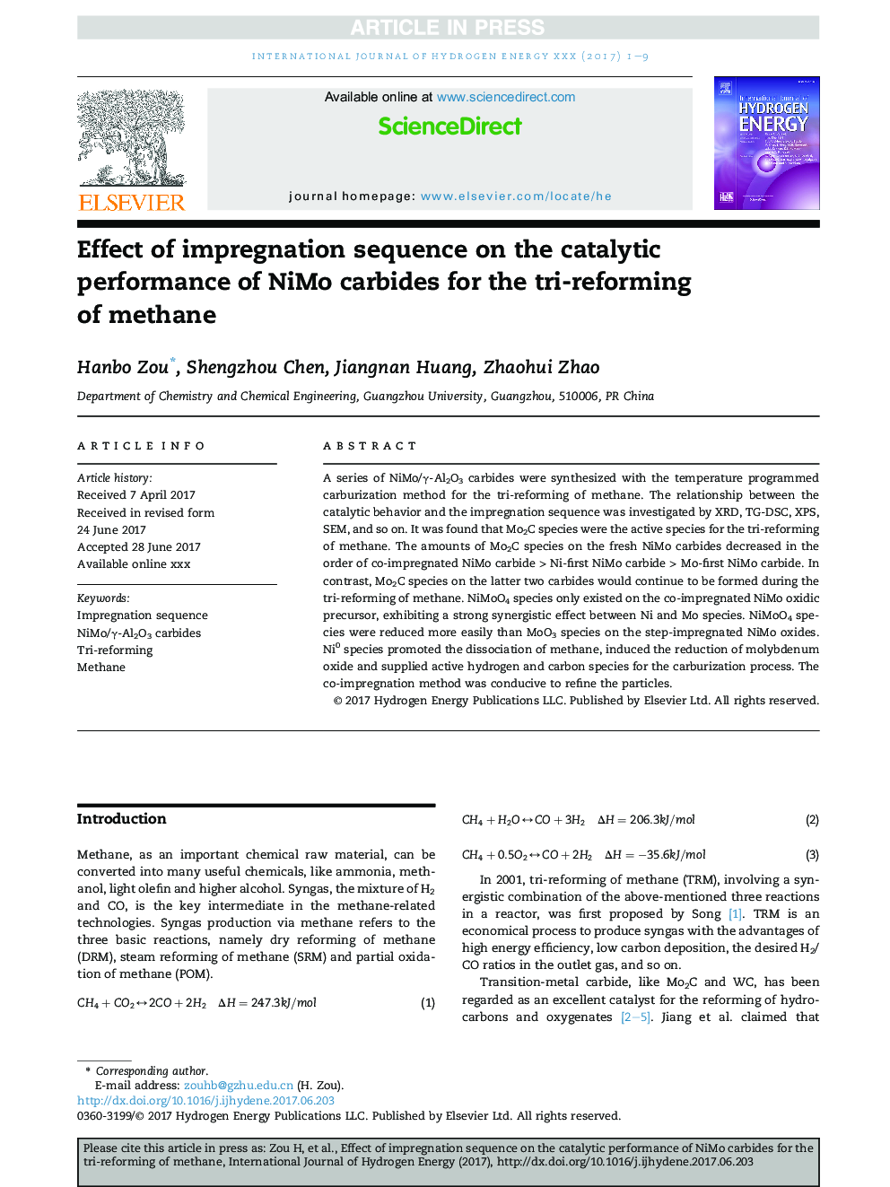 Effect of impregnation sequence on the catalytic performance of NiMo carbides for the tri-reforming of methane