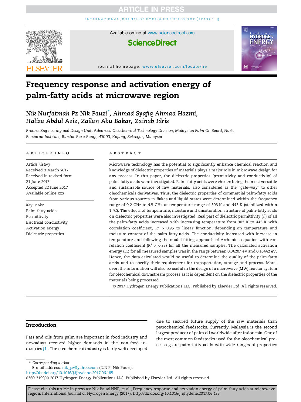 Frequency response and activation energy of palm-fatty acids at microwave region