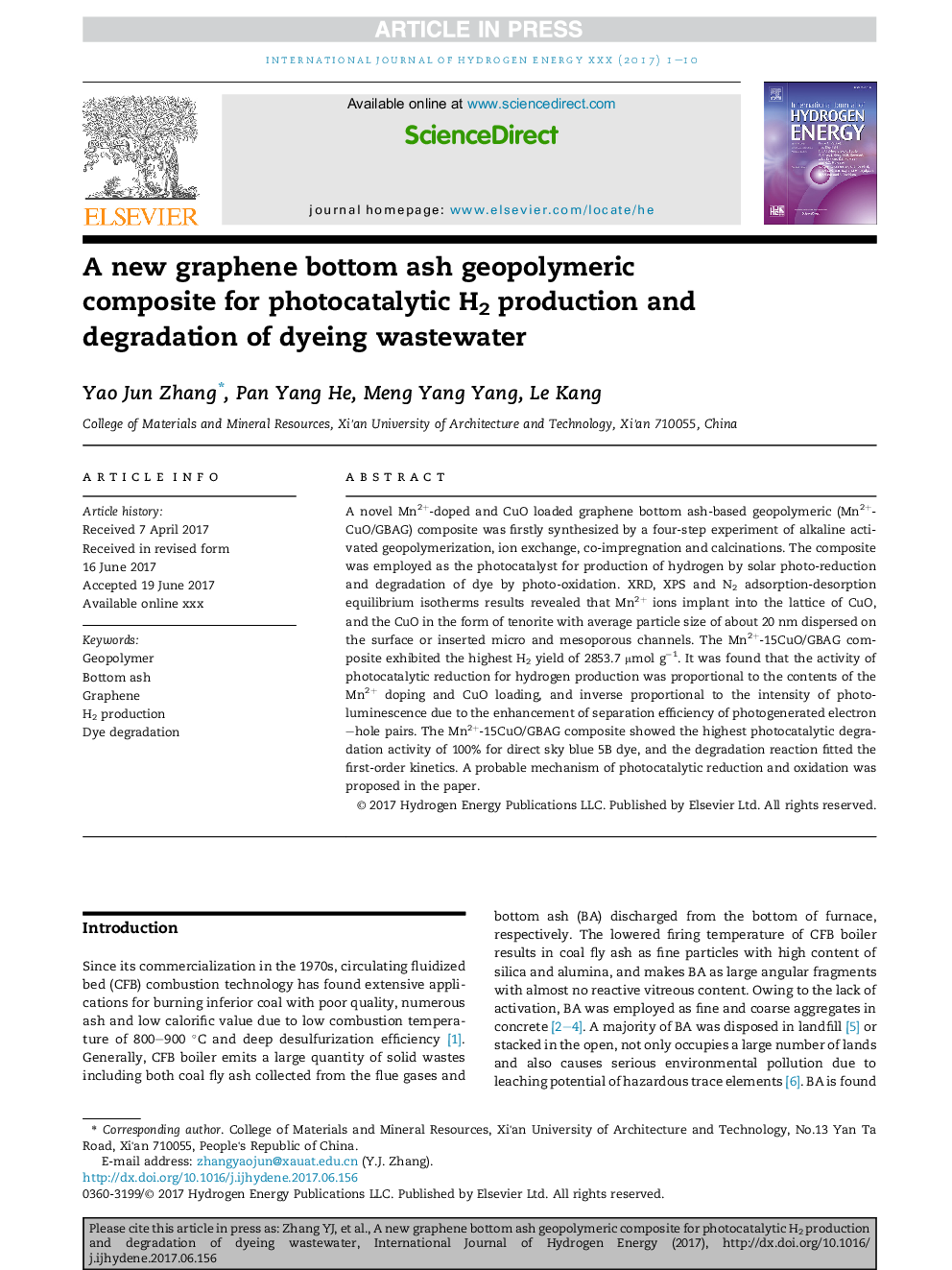 A new graphene bottom ash geopolymeric composite for photocatalytic H2 production and degradation of dyeing wastewater