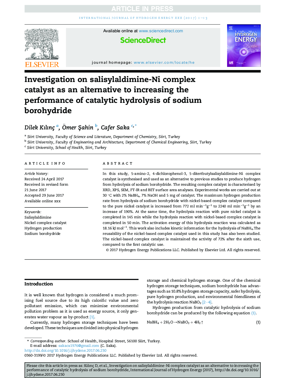 Investigation on salisylaldimine-Ni complex catalyst as an alternative to increasing the performance of catalytic hydrolysis of sodium borohydride