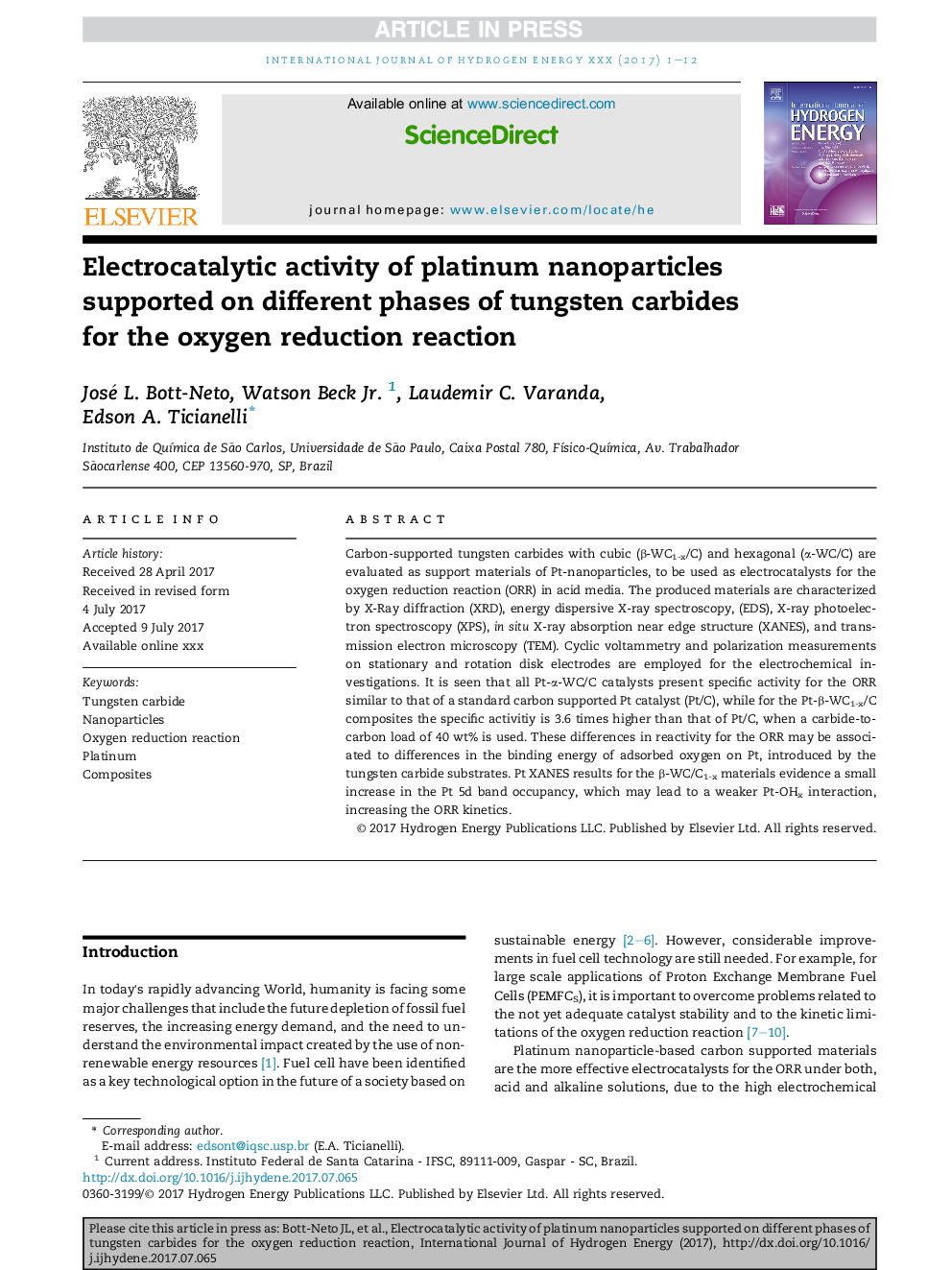 Electrocatalytic activity of platinum nanoparticles supported on different phases of tungsten carbides for the oxygen reduction reaction