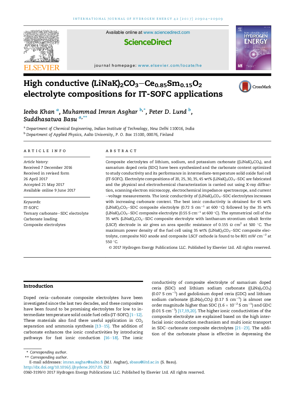 High conductive (LiNaK)2CO3Ce0.85Sm0.15O2 electrolyte compositions for IT-SOFC applications