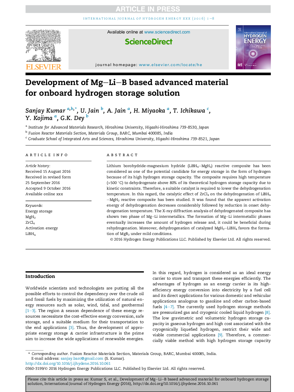 Development of MgLiB based advanced material for onboard hydrogen storage solution