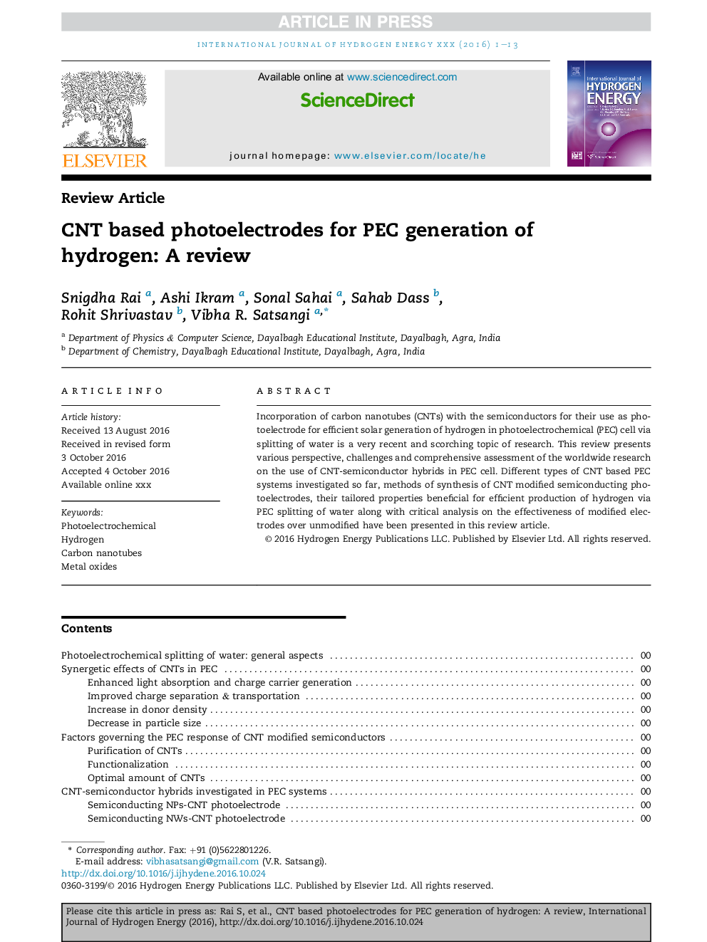 CNT based photoelectrodes for PEC generation of hydrogen: A review