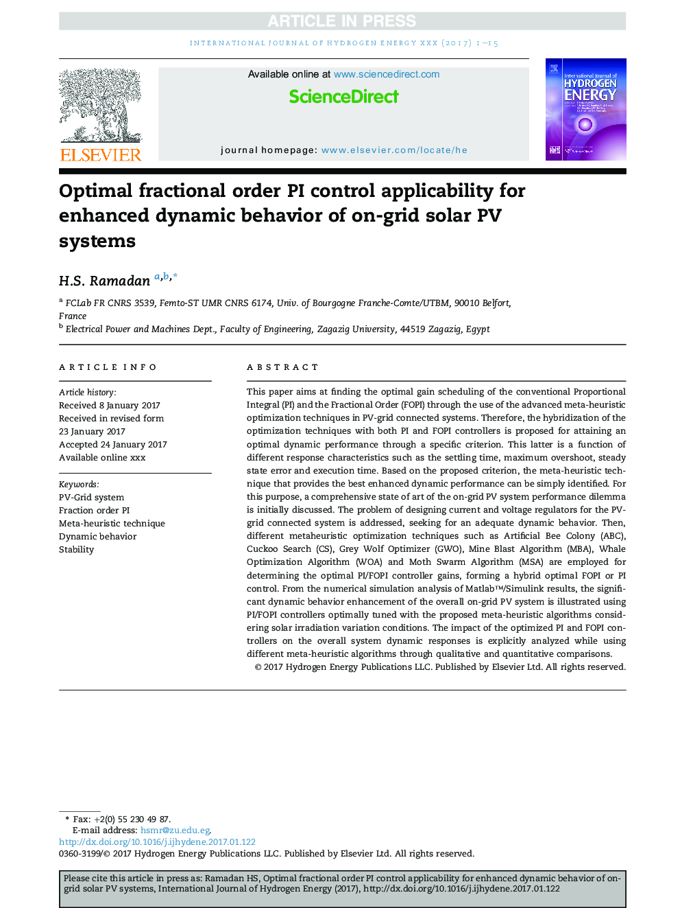 Optimal fractional order PI control applicability for enhanced dynamic behavior of on-grid solar PV systems