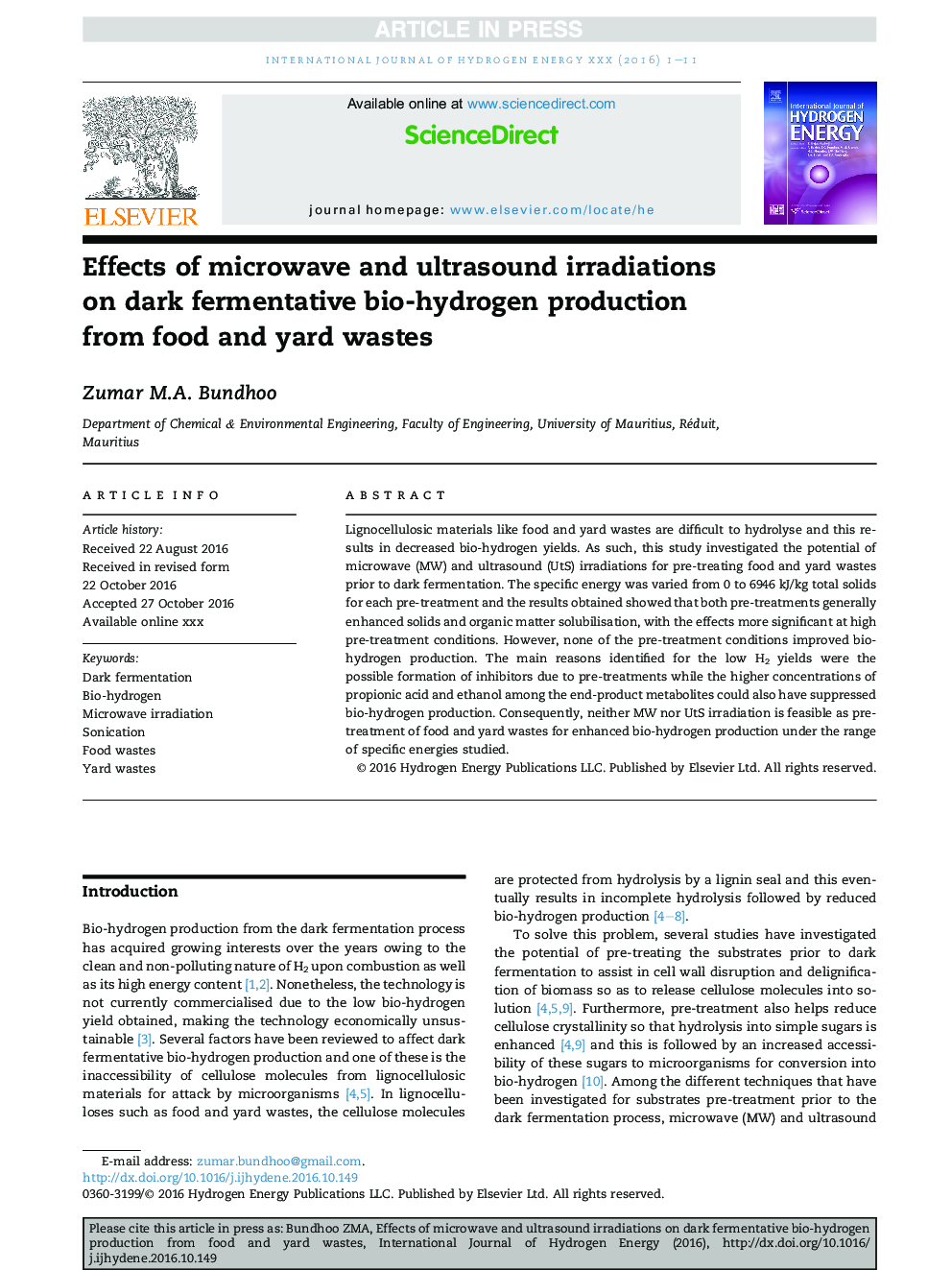 Effects of microwave and ultrasound irradiations on dark fermentative bio-hydrogen production from food and yard wastes