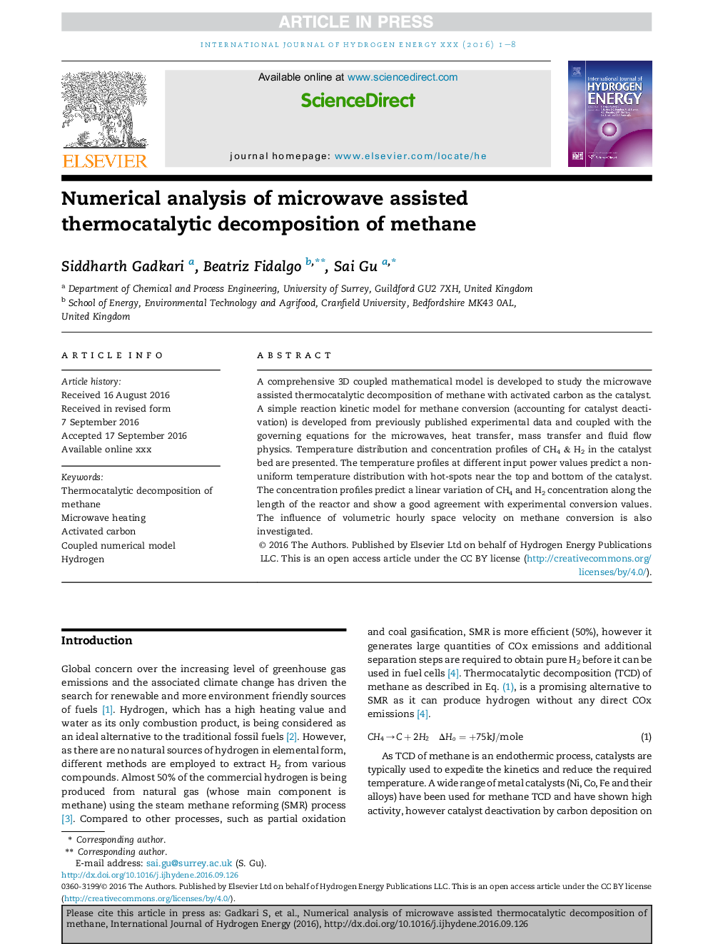 Numerical analysis of microwave assisted thermocatalytic decomposition of methane