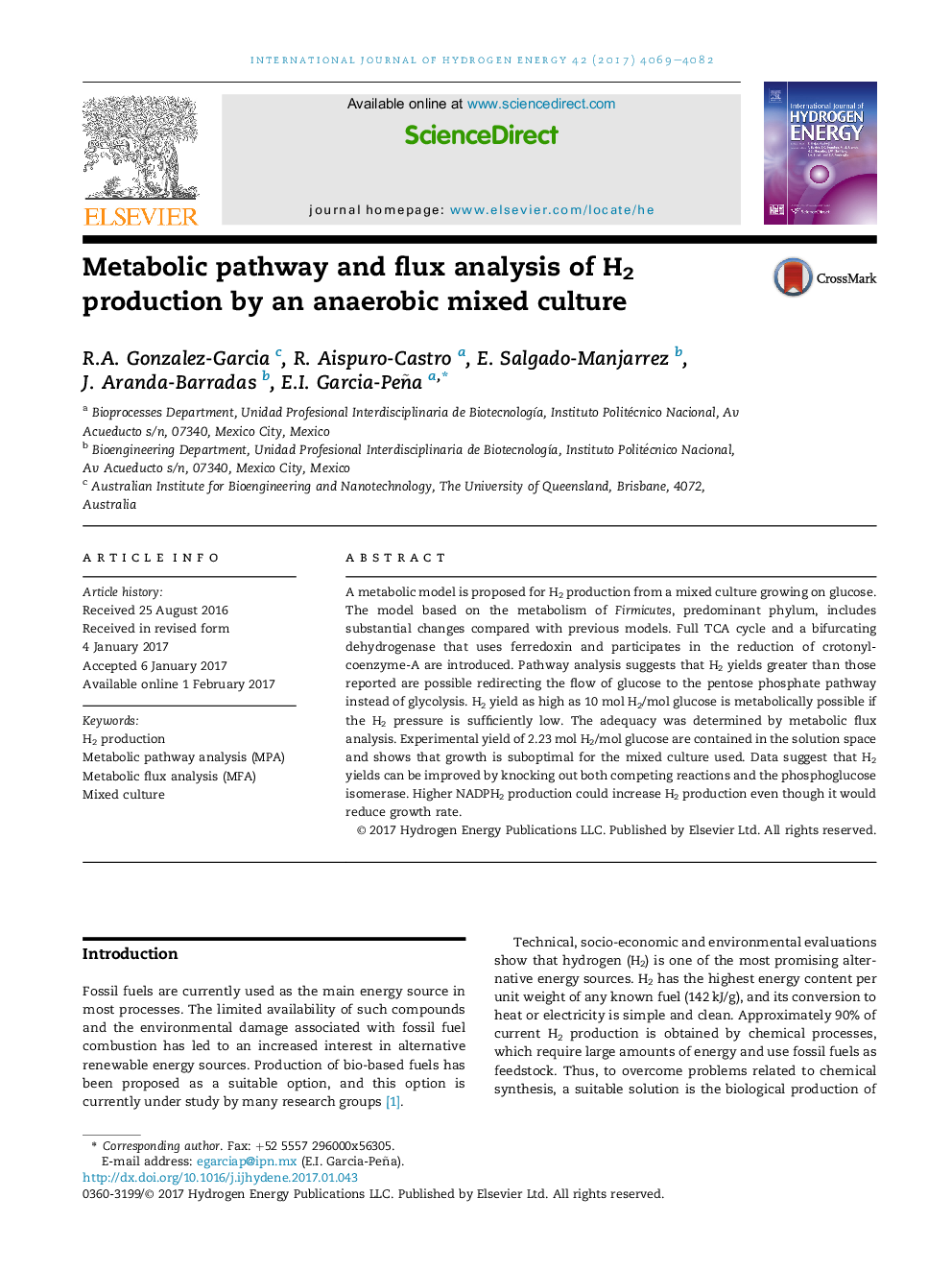 Metabolic pathway and flux analysis of H2 production by an anaerobic mixed culture