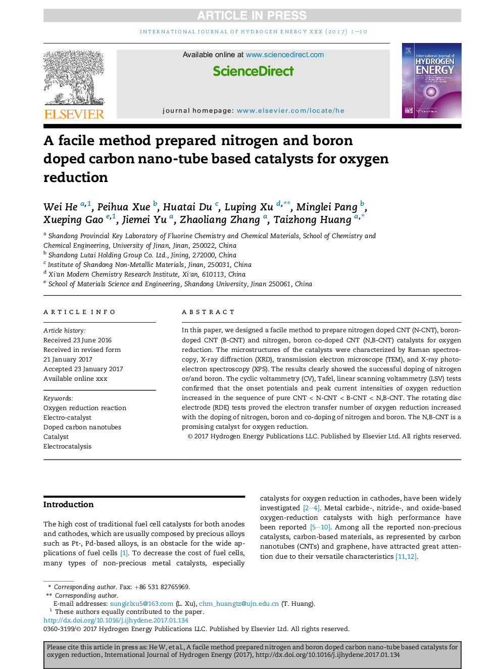 A facile method prepared nitrogen and boron doped carbon nano-tube based catalysts for oxygen reduction