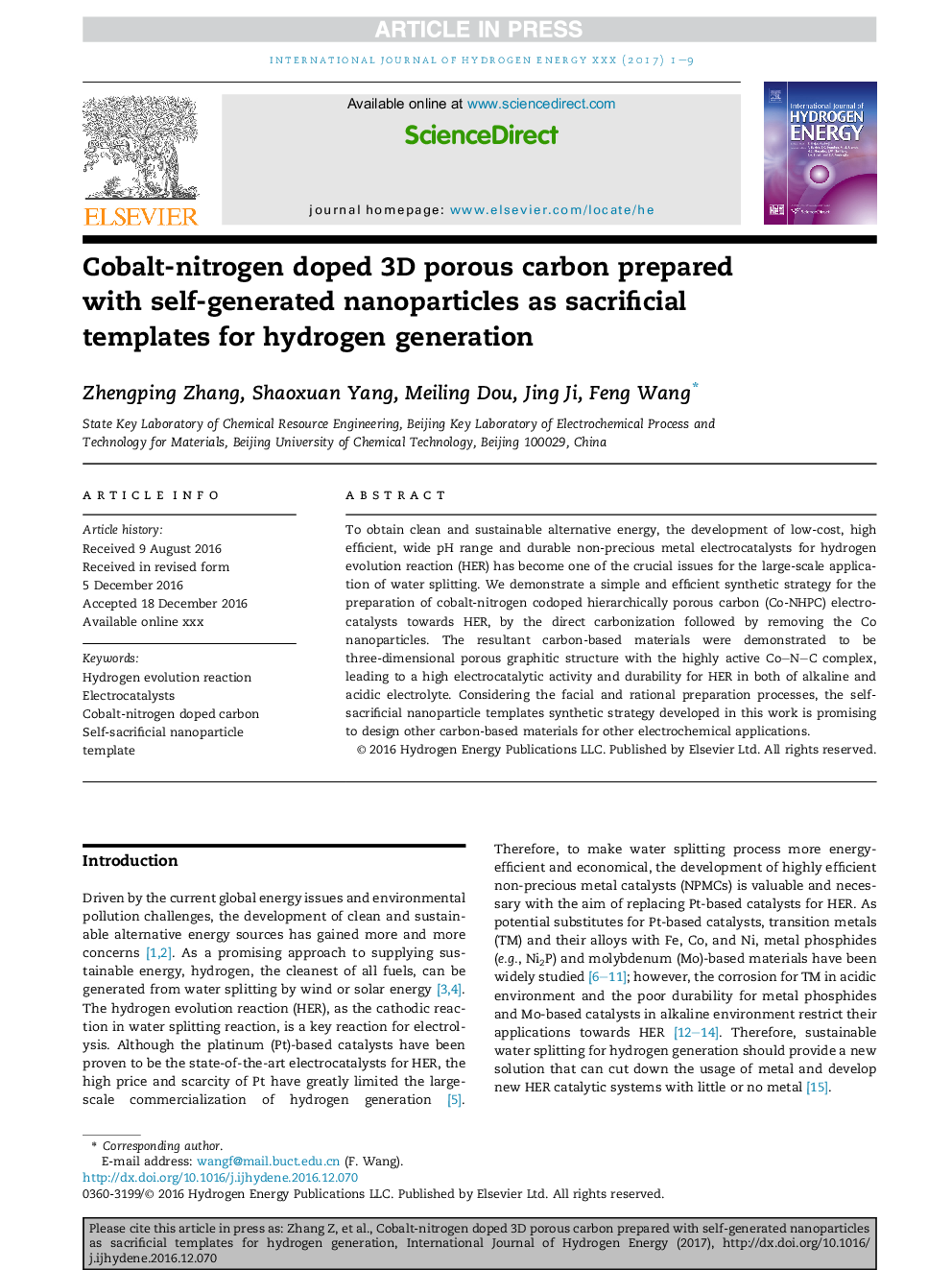 Cobalt-nitrogen doped 3D porous carbon prepared with self-generated nanoparticles as sacrificial templates for hydrogen generation