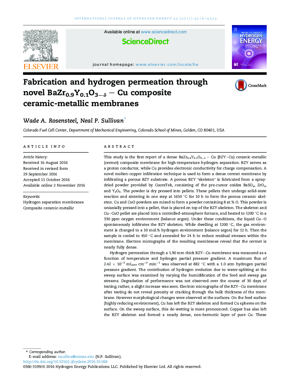 Fabrication and hydrogen permeation through novel BaZr0.9Y0.1O3âÎ´ - Cu composite ceramic-metallic membranes