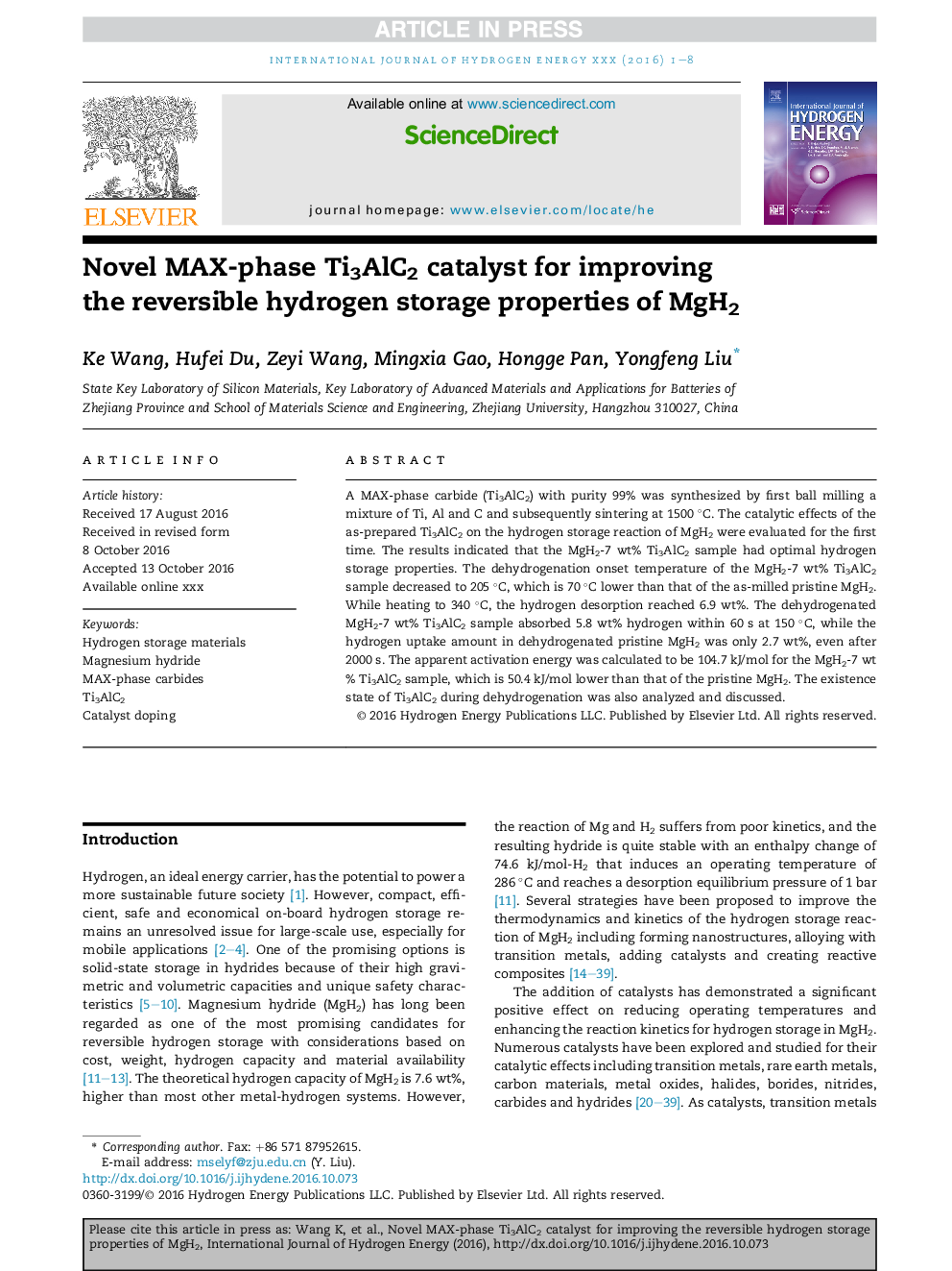 Novel MAX-phase Ti3AlC2 catalyst for improving the reversible hydrogen storage properties of MgH2