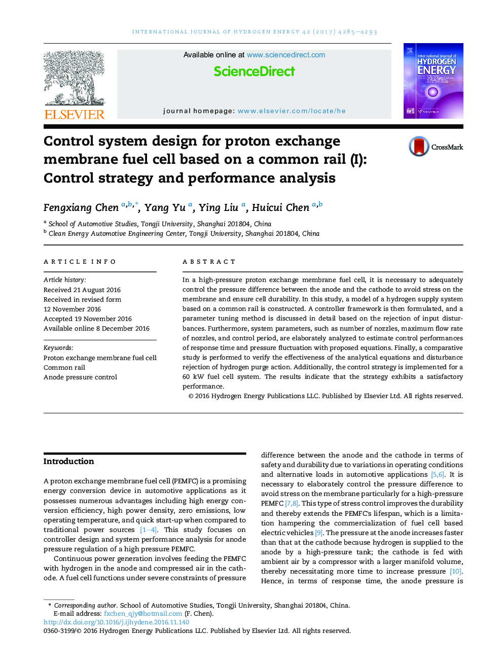 Control system design for proton exchange membrane fuel cell based on a common rail (I): Control strategy and performance analysis