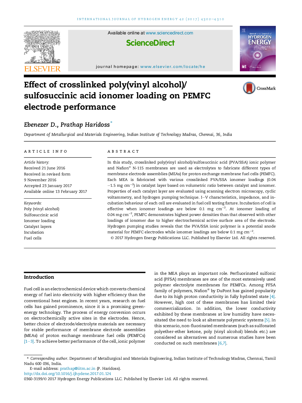 Effect of crosslinked poly(vinyl alcohol)/sulfosuccinic acid ionomer loading on PEMFC electrode performance