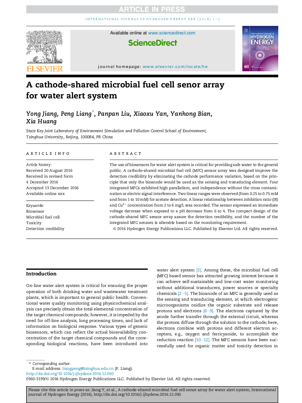 A cathode-shared microbial fuel cell sensor array forÂ water alert system