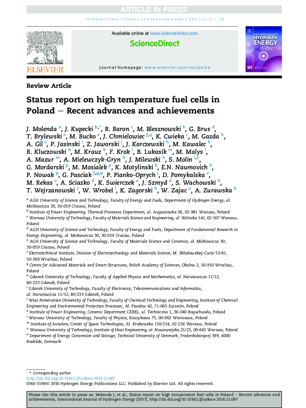 Status report on high temperature fuel cells in Poland - Recent advances and achievements