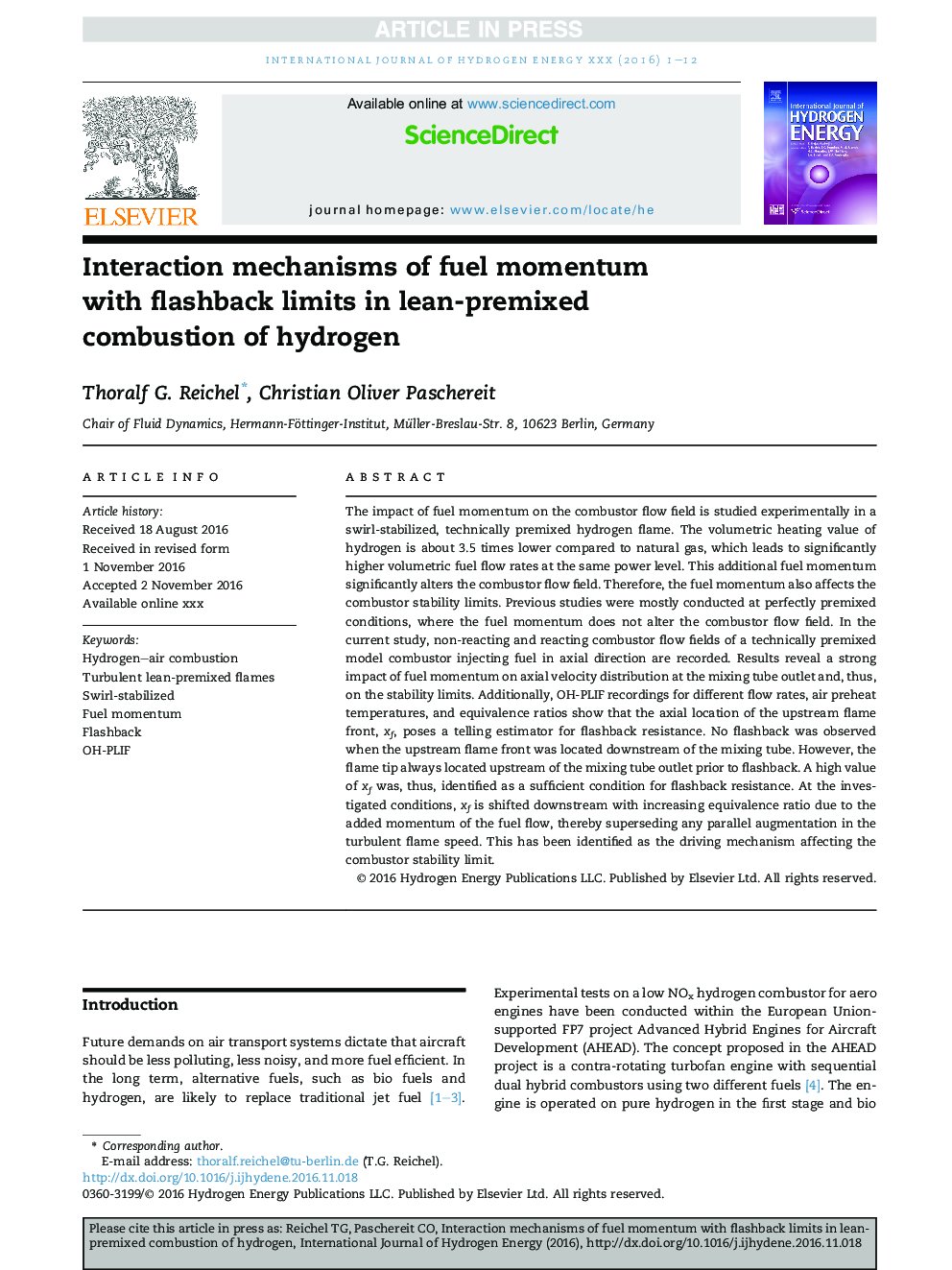 Interaction mechanisms of fuel momentum withÂ flashback limits in lean-premixed combustionÂ of hydrogen