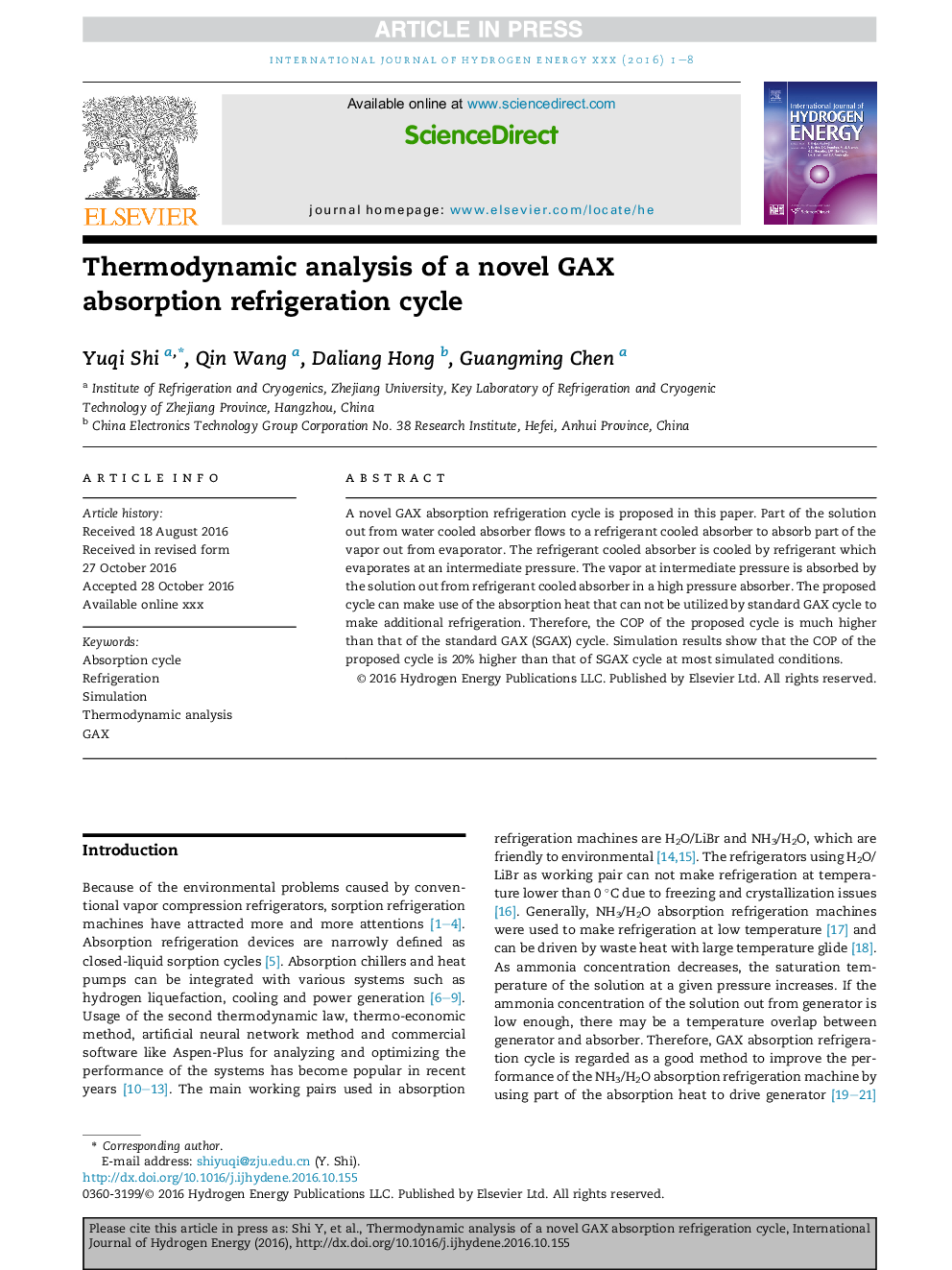 Thermodynamic analysis of a novel GAX absorption refrigeration cycle