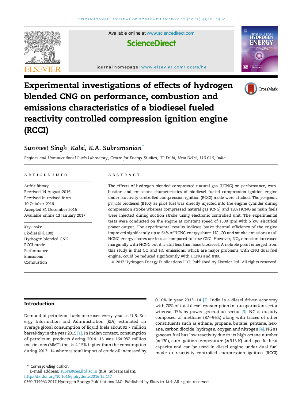 Experimental investigations of effects of hydrogen blended CNG on performance, combustion and emissions characteristics of a biodiesel fueled reactivity controlled compression ignition engine (RCCI)