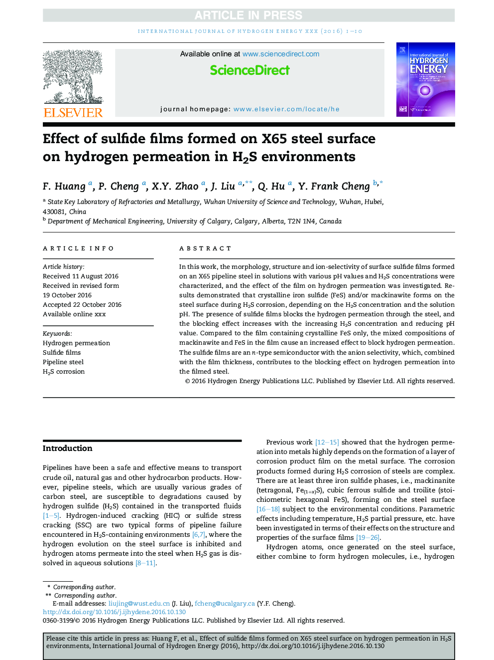 Effect of sulfide films formed on X65 steel surface on hydrogen permeation in H2S environments