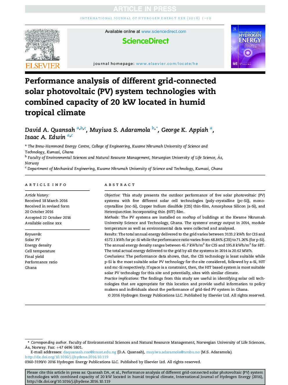 Performance analysis of different grid-connected solar photovoltaic (PV) system technologies with combined capacity of 20Â kW located in humid tropical climate