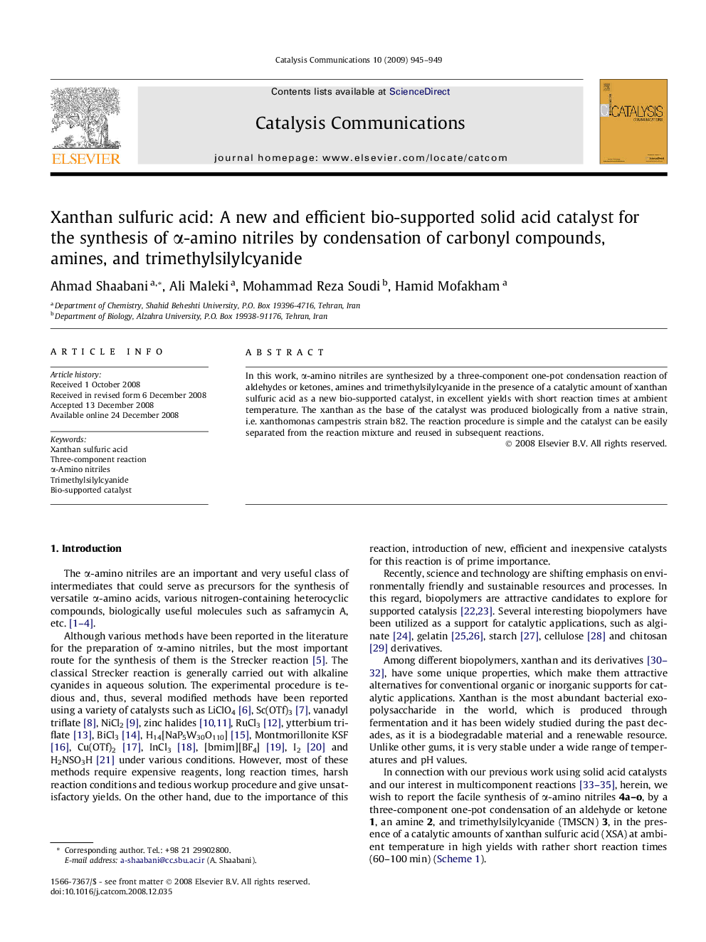 Xanthan sulfuric acid: A new and efficient bio-supported solid acid catalyst for the synthesis of α-amino nitriles by condensation of carbonyl compounds, amines, and trimethylsilylcyanide