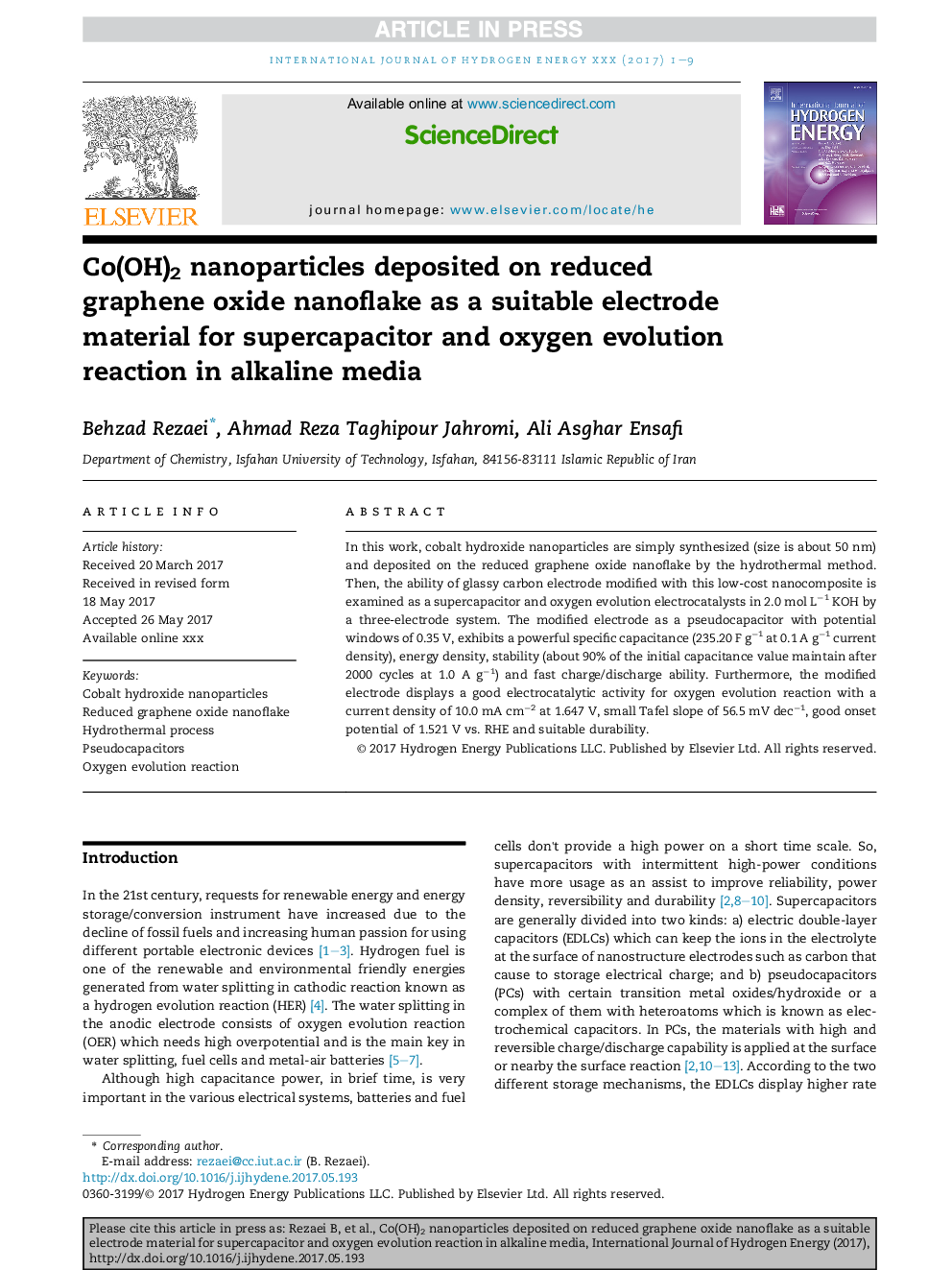 Co(OH)2 nanoparticles deposited on reduced graphene oxide nanoflake as a suitable electrode material for supercapacitor and oxygen evolution reaction in alkaline media